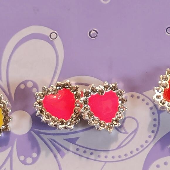 Charlie Girl Heart Stud Earrings Set Yellow Pink Red Rhinestone Trim Kidcore - Picture 5 of 7